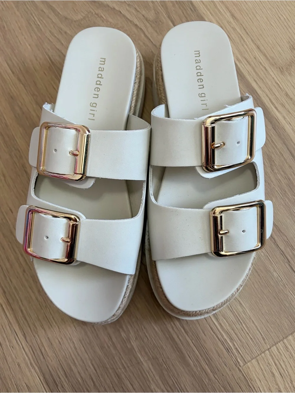 Madden Girl White Double-Strap Slide Sandals with Gold Buckles size 7 1/2 easyon